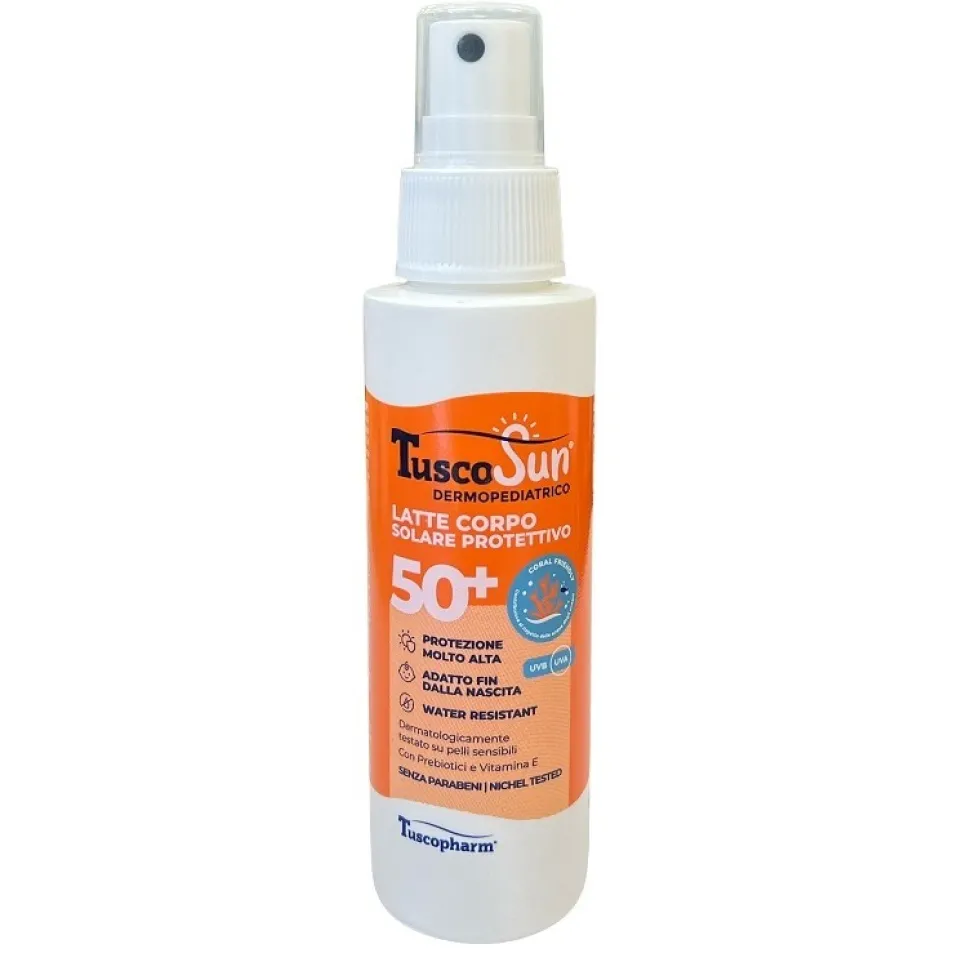 Tuscosun Dermopediatrico Latte Solare SPF 50+ Latte spray protettivo per bambini, 100 ml