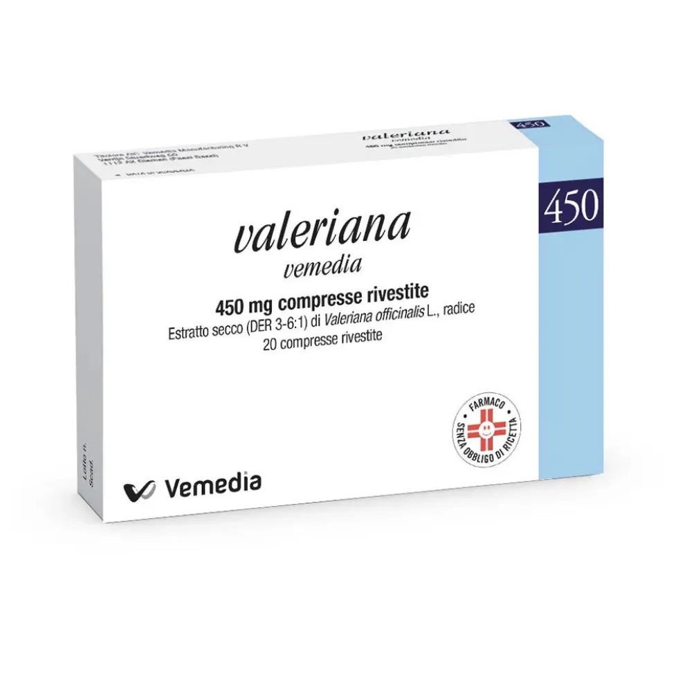 Valeriana Vemedia 450mg Sollievo da Tensioni Nervose Lievi e Disturbi del Sonno, 20 Compresse Rivestite