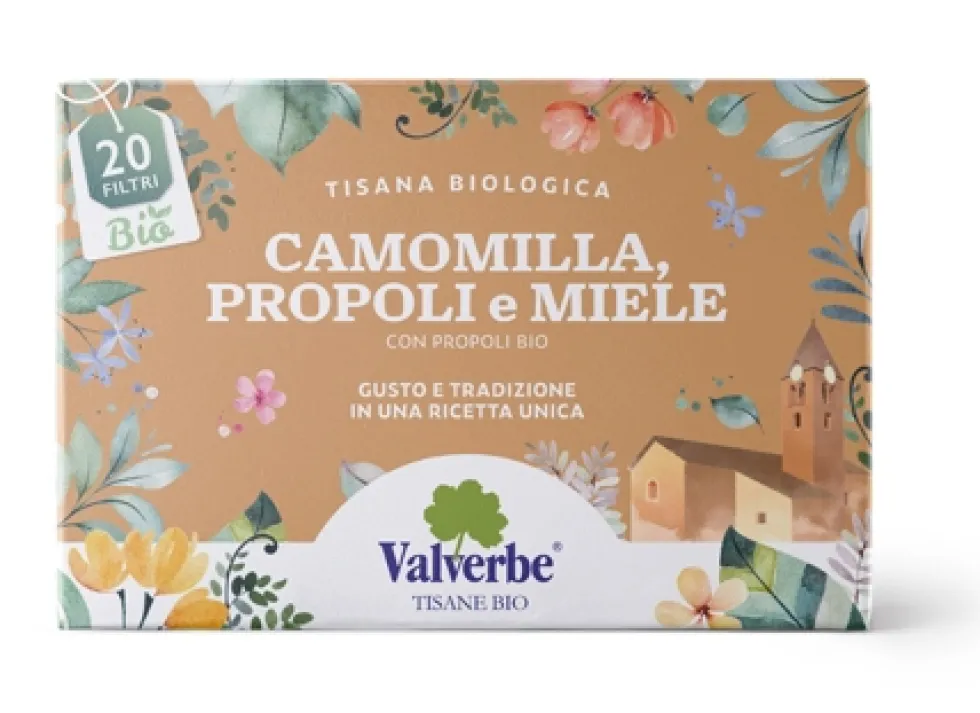 Valverbe Tisana camomilla propoli e miele bio Infuso per il benessere della gola, 20 filtri