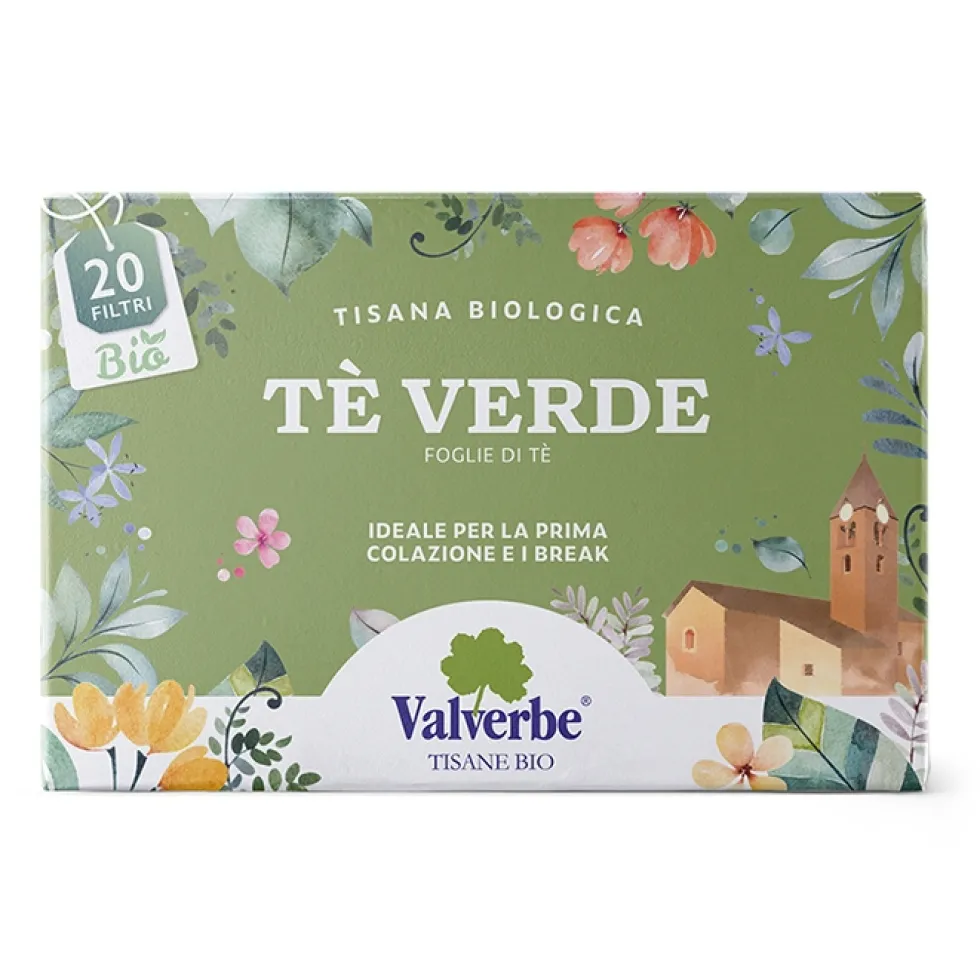 Valverbe Tè Verde Bio - Infuso di tè verde antiossidante e depurativo, 20 filtri da 30 g