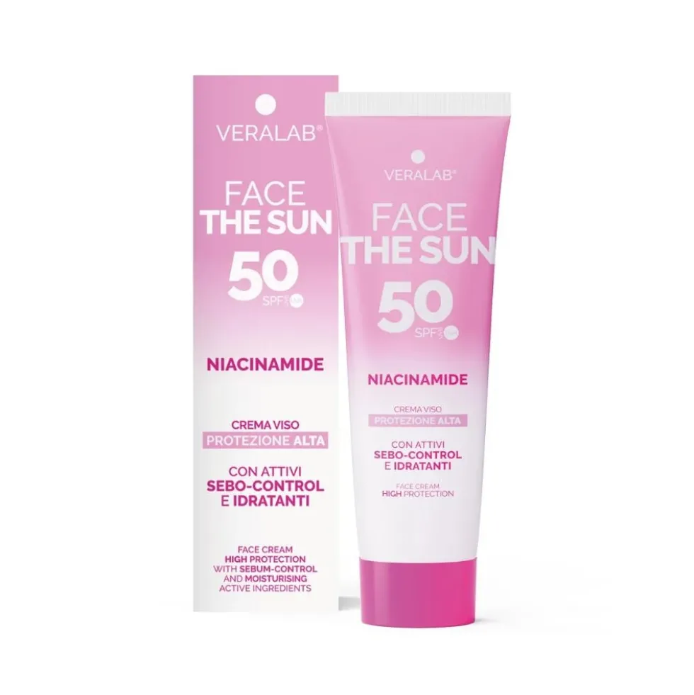 VeraLab Face The Sun Niacinamide - Crema solare viso SPF50 per il controllo del sebo, 50 ml