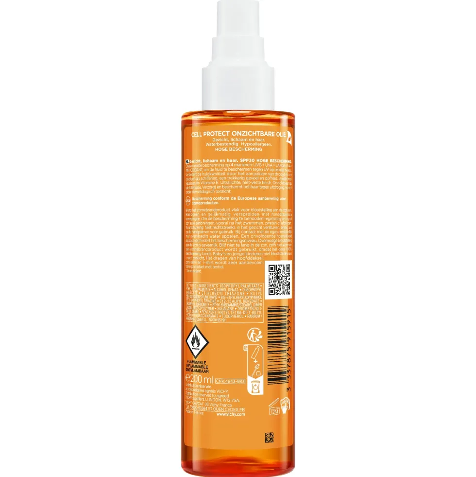 Vichy Capital Soleil - Cell Protect Olio Invisibile SPF30 Olio Solare Alta Protezione Viso Corpo Capelli, 200ml