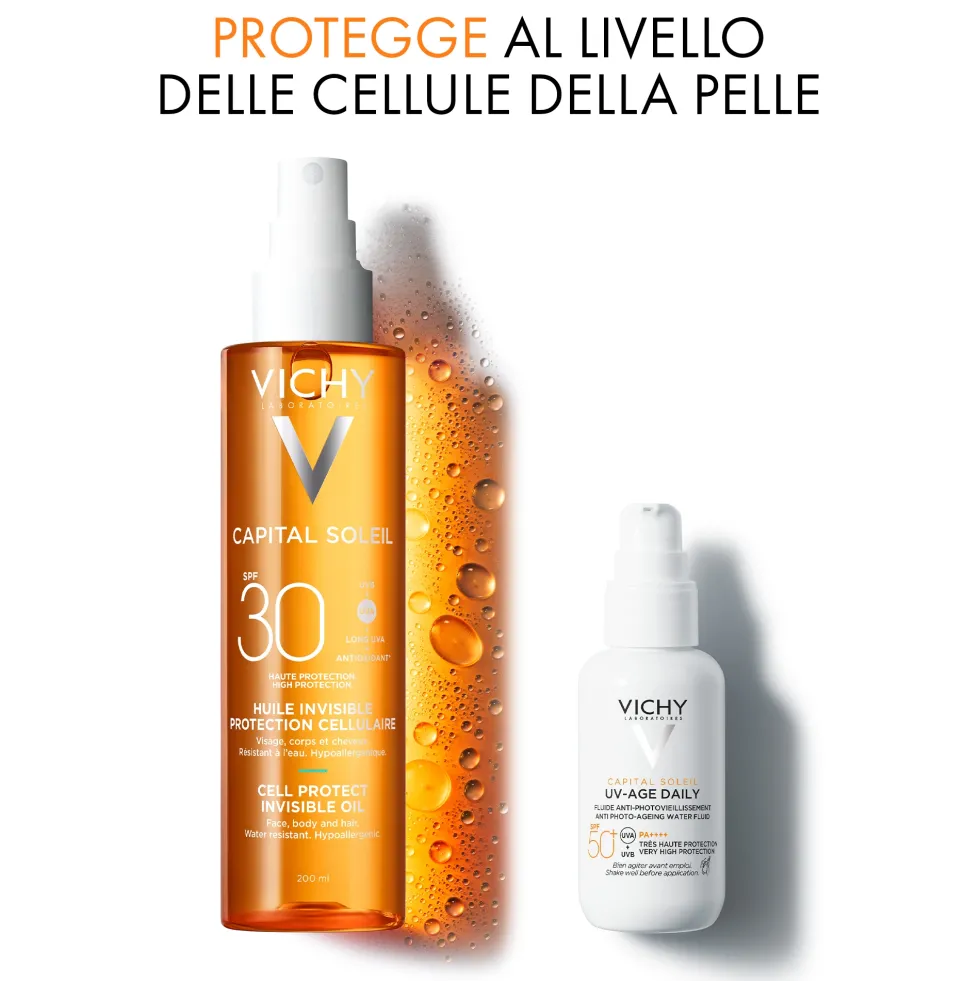 Vichy Capital Soleil - Cell Protect Olio Invisibile SPF30 Olio Solare Alta Protezione Viso Corpo Capelli, 200ml