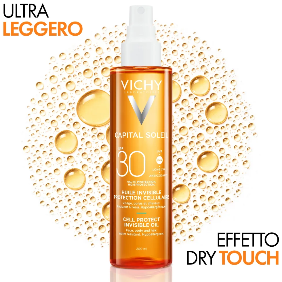 Vichy Capital Soleil - Cell Protect Olio Invisibile SPF30 Olio Solare Alta Protezione Viso Corpo Capelli, 200ml