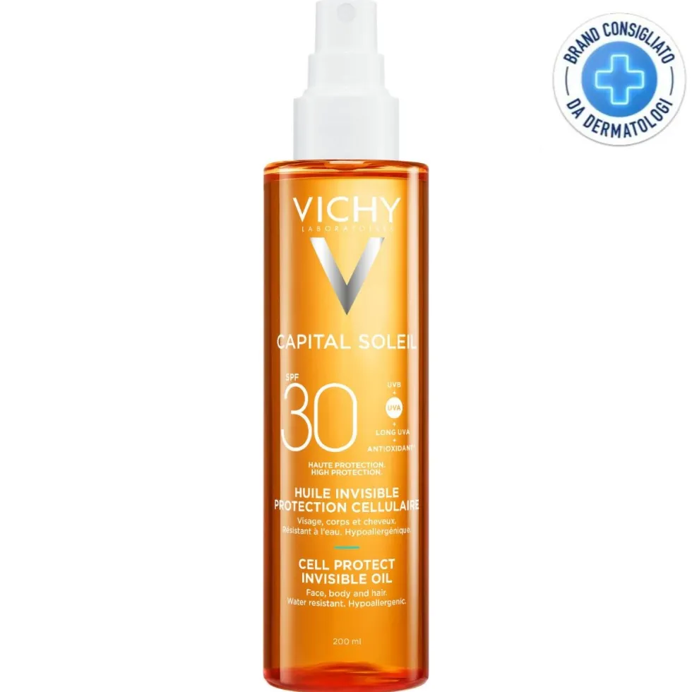 Vichy Capital Soleil - Cell Protect Olio Invisibile SPF30 Olio Solare Alta Protezione Viso Corpo Capelli, 200ml