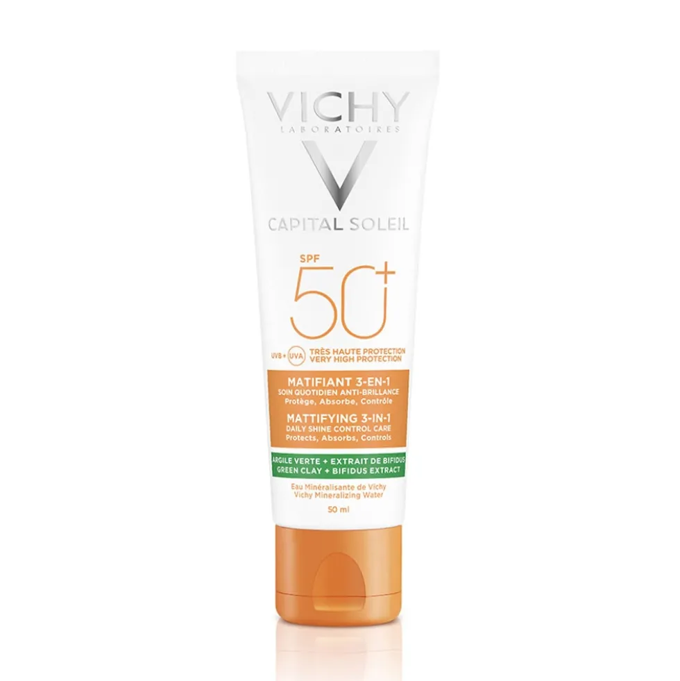 Vichy Capital Soleil 3 in 1 - Crema solare per il viso opacizzante con protezione SPF 50+, 50 ml