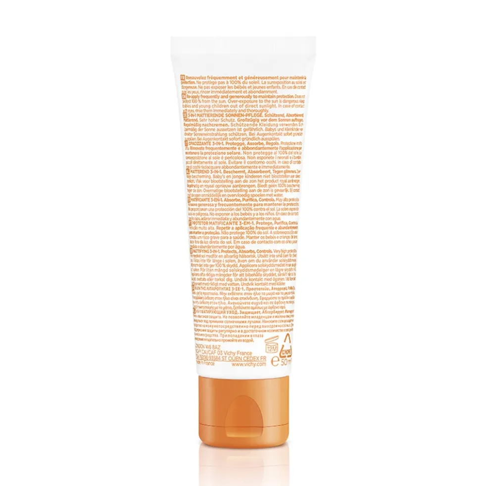 Vichy Capital Soleil 3 in 1 - Crema solare per il viso opacizzante con protezione SPF 50+, 50 ml