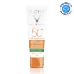 Vichy Capital Soleil 3 in 1 - Crema solare per il viso opacizzante con protezione SPF 50+, 50 ml