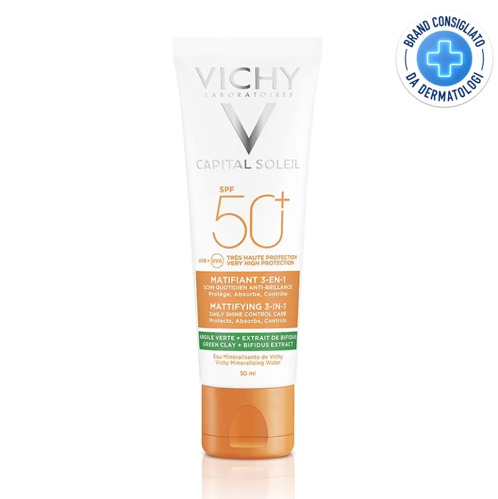 Vichy Capital Soleil 3 in 1 - Crema solare per il viso opacizzante con protezione SPF 50+, 50 ml
