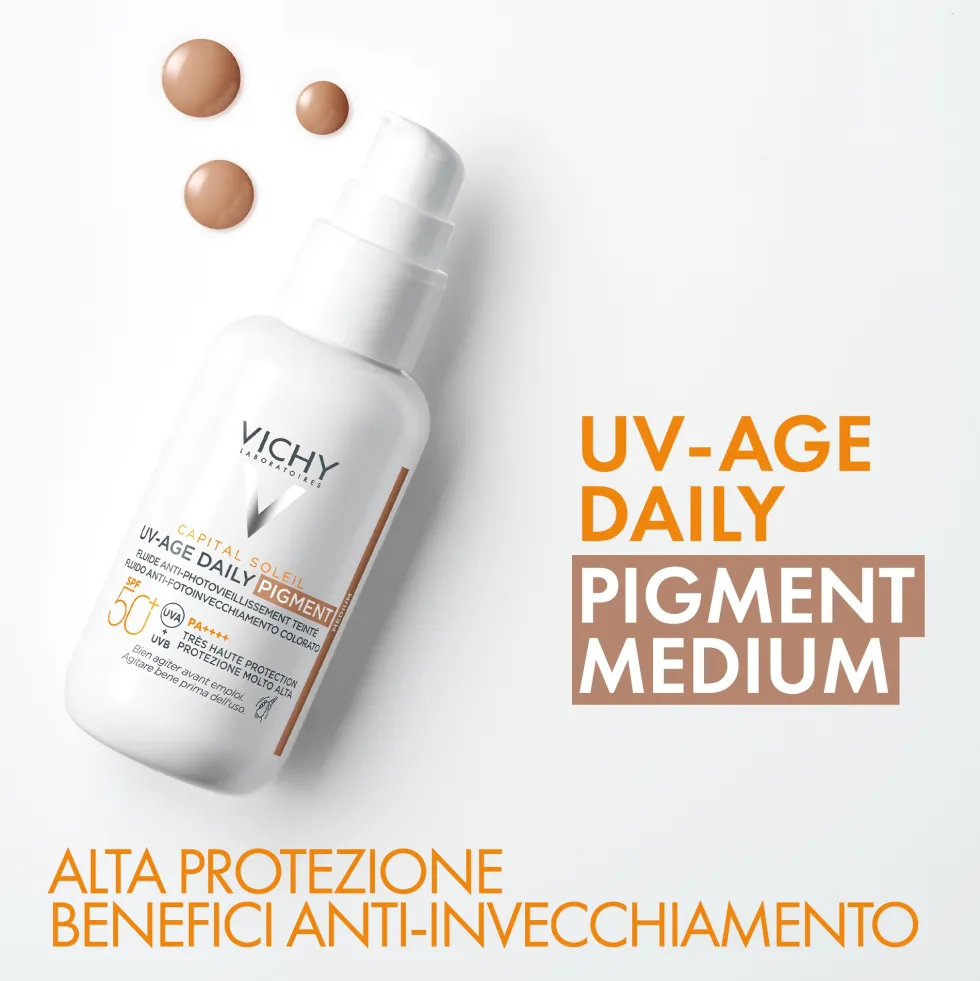 Vichy Capital Soleil - UV-Age Daily Pigment Medium SPF50+ Fluido Solare Anti-Invecchiamento Colorato Colorazione Media, 40ml