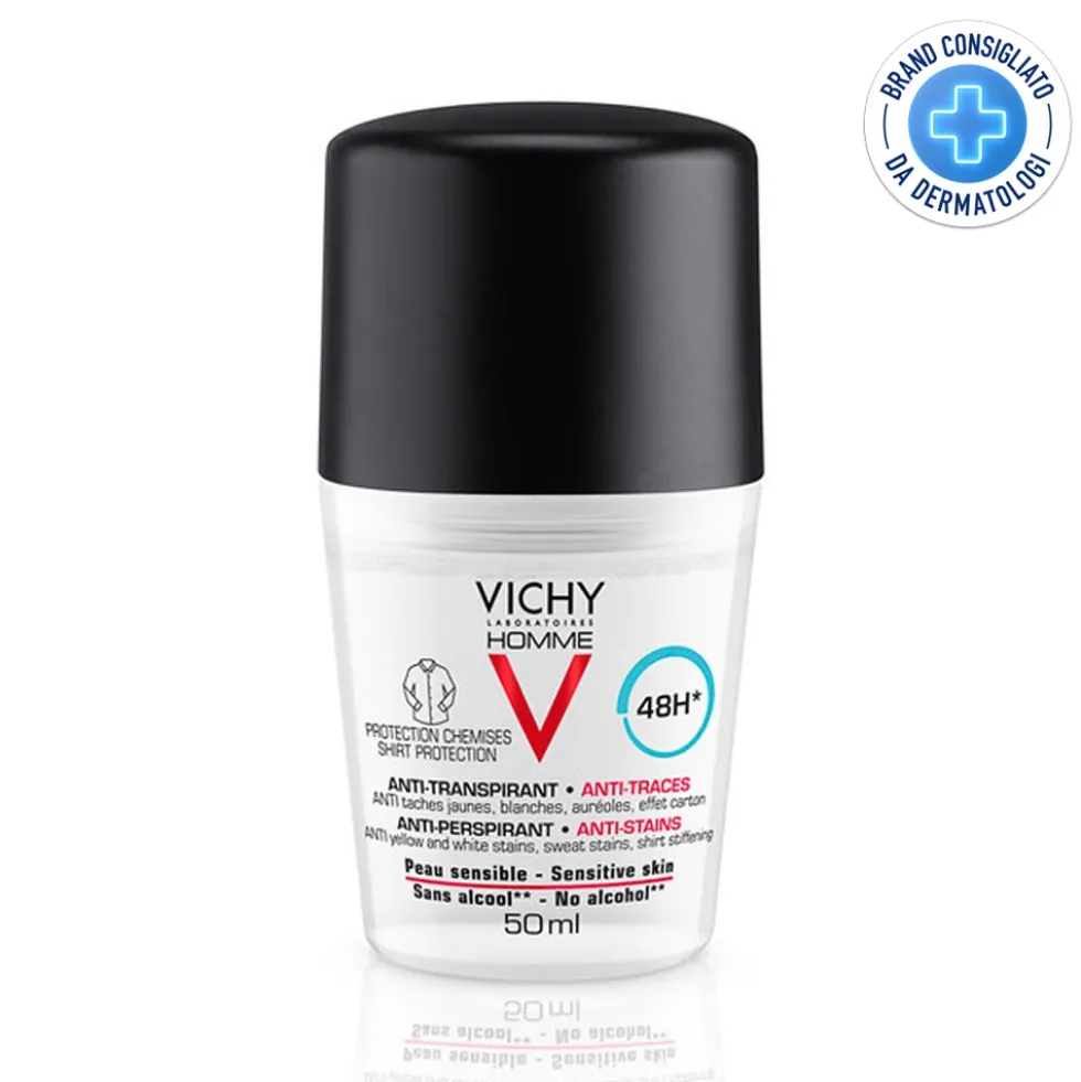 Vichy Homme - Deodorante Anti Macchie Roll On Anti-Traspirante 48H, 50ml