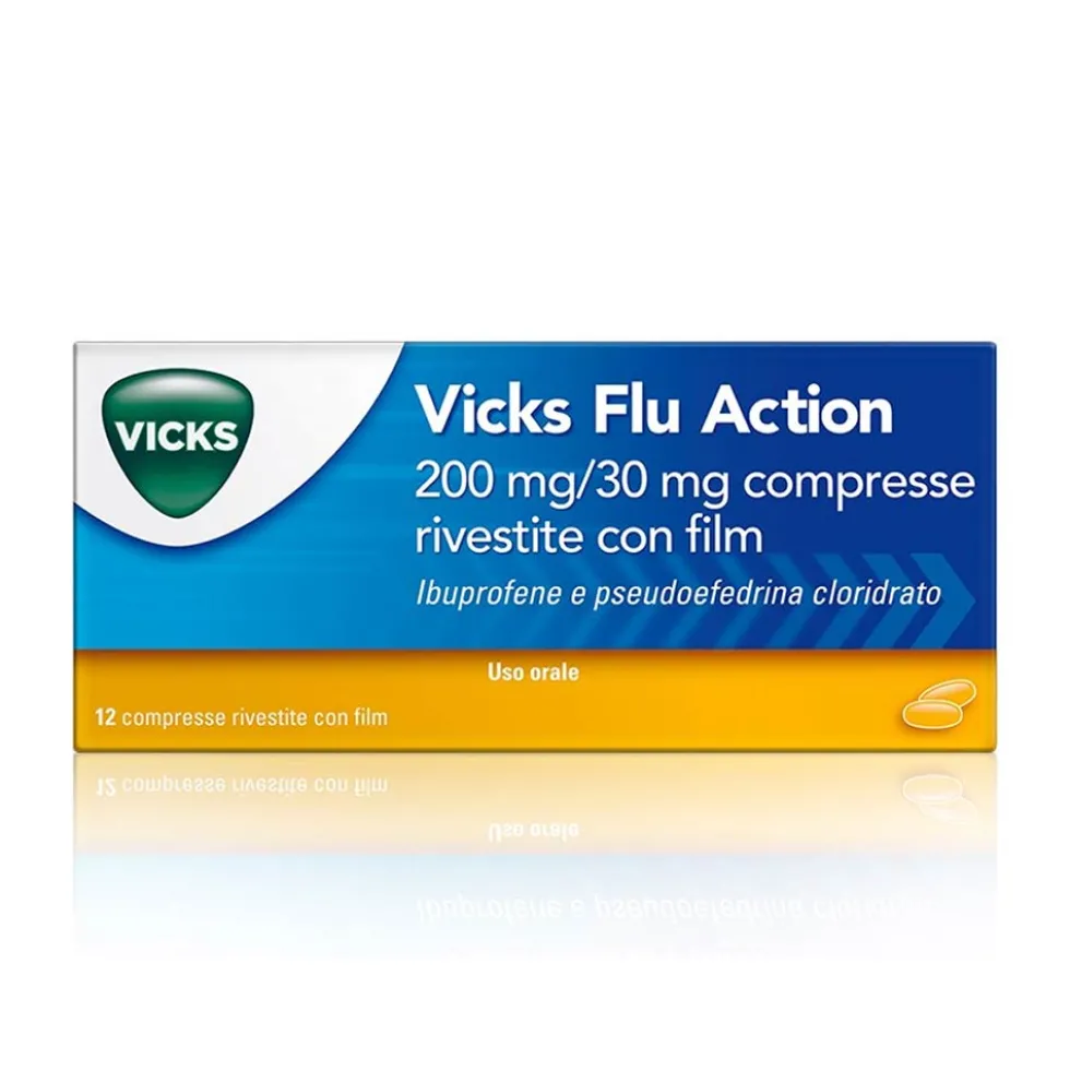 Vicks Flu Action Compresse Raffreddore e Influenza 200mg + 30mg Ibuprofene e Pseudoefedrina Cloridrato, 12 Compresse Rivestite