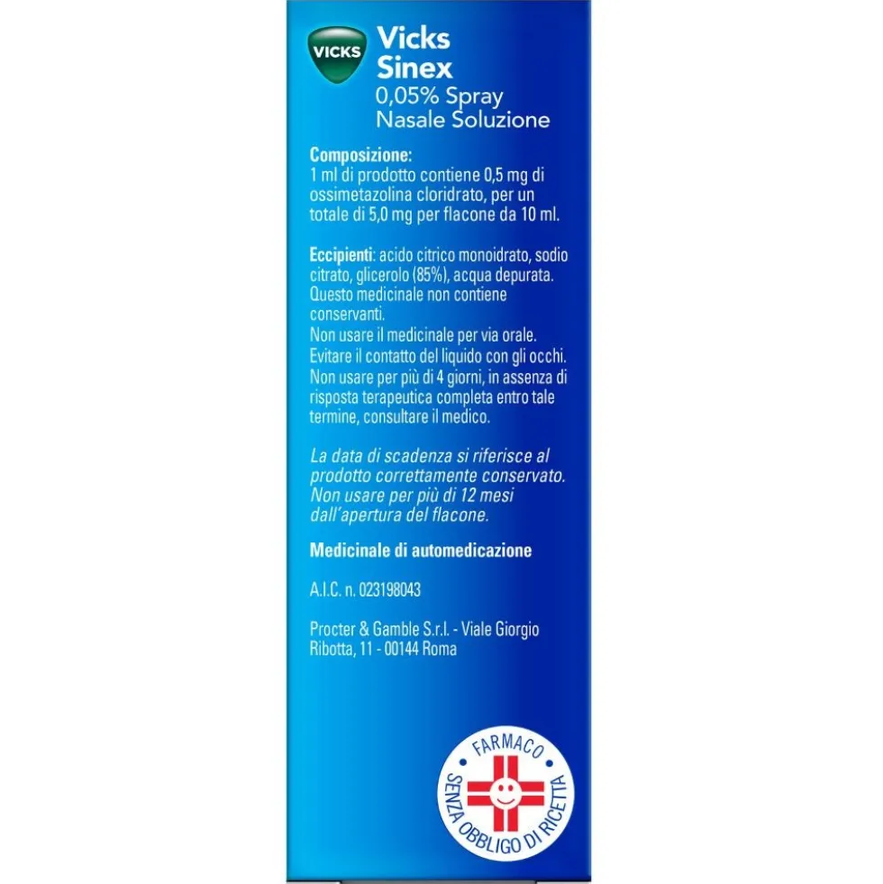 Vicks Sinex 0,05% Spray Nasale Decongestionante Soluzione Raffreddore, 10ml