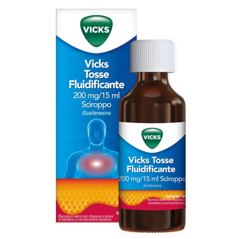 Vicks Tosse Fluidif Fluidificante Sciroppo Tosse Grassa 200mg/15ml Guaifenesina, 180ml