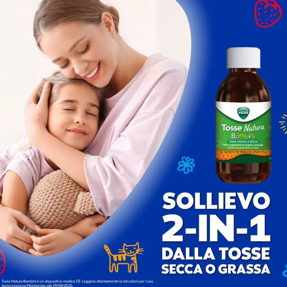 Vicks Tosse Natura Bambini - Sciroppo per la tosse secca e grassa al miele e fragola, 140 ml