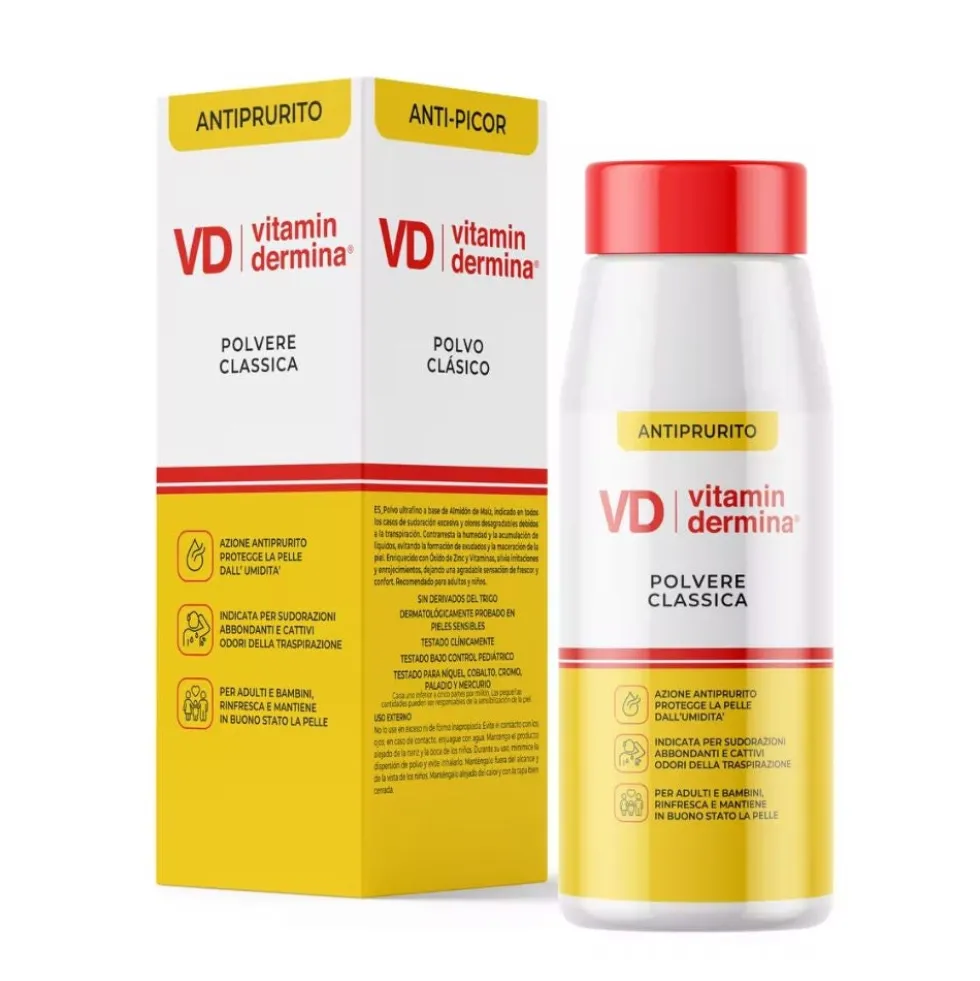 Vitamindermina Polvere Classica Polvere antiprurito per la sudorazione e i cattivi odori, 100 g