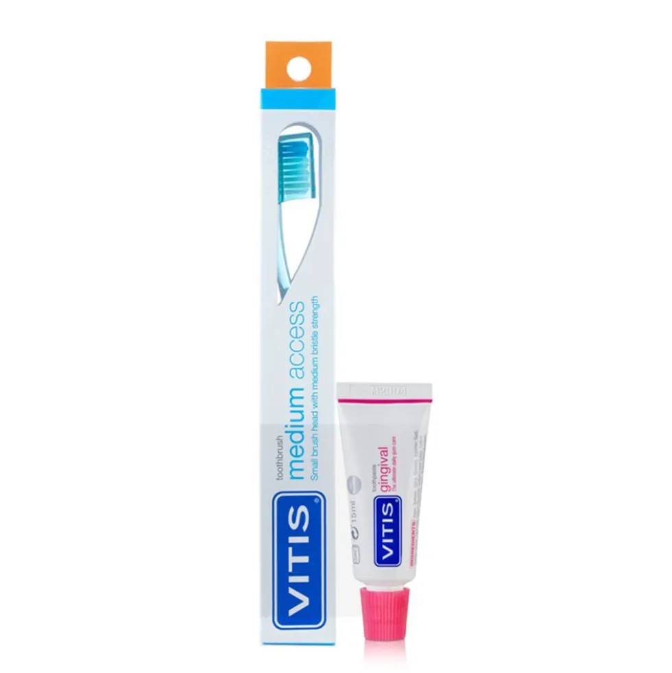 Vitis Medium Access - Spazzolino e dentifricio per le gengive delicate, 1 spazzolino e 15 ml