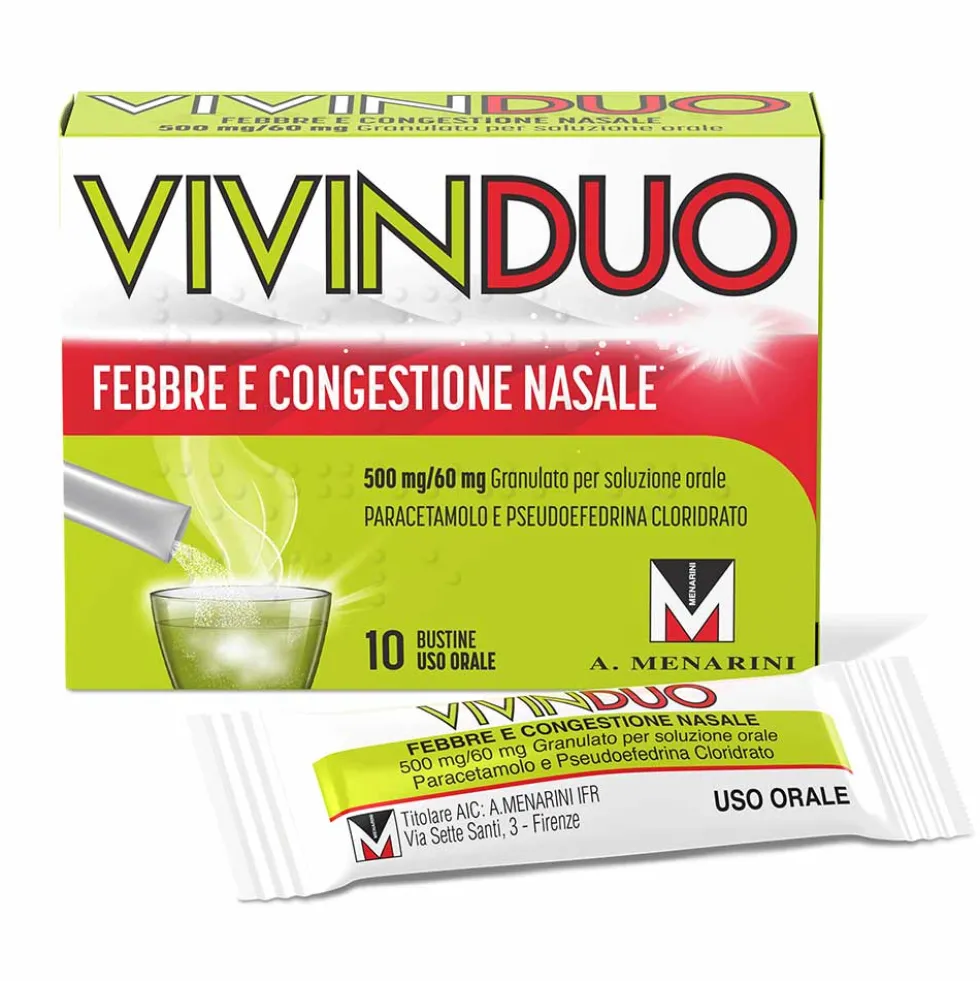VivinDuo Febbre e Congestione Nasale con Paracetamolo, 10 Bustine