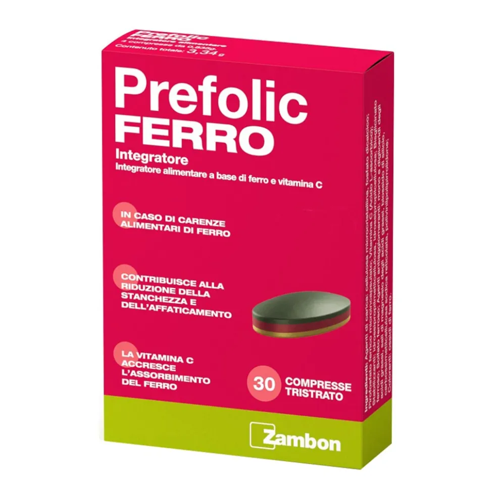Zambon Prefolic - Ferro Integratore Alimentare Ferro e Vitamina C, 30 Compresse