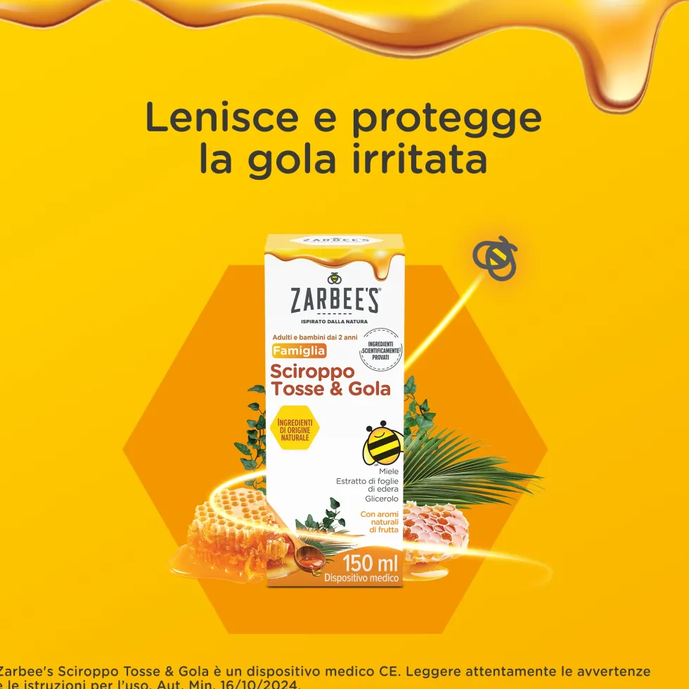 Zarbee's Sciroppo Tosse & Gola Adulti e Bambini dai 2 Anni con Miele Sedativo Tosse Secca e Grassa Calma il mal di gola e Protegge Gola Irritata, 150ml