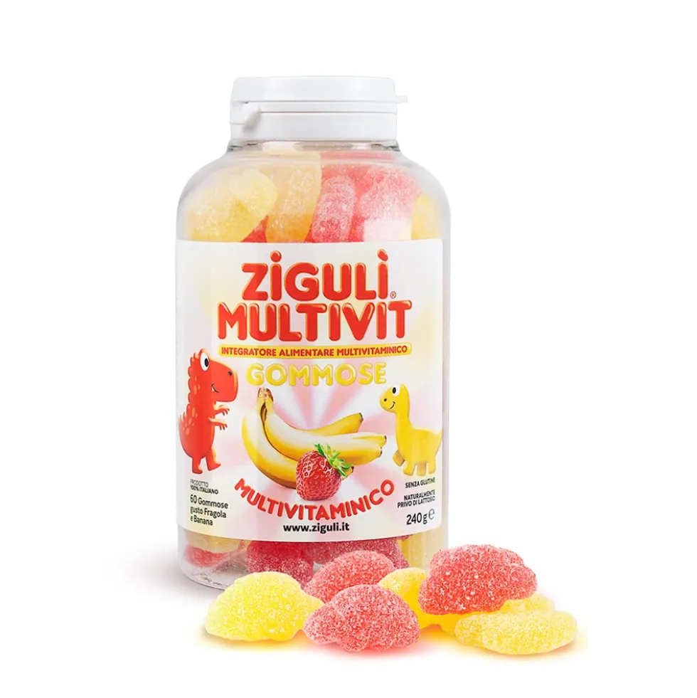 Zigulì Multivit fragola e banana - Integratore multivitaminico per le difese immunitarie, 60 gommose