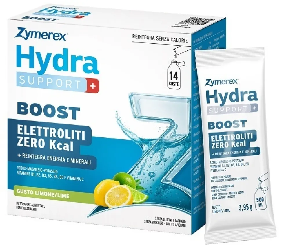 Zymerex Hydra Support+ Boost Integratore per il reintegro di sali minerali e vitamine gusto limone, 14 bustine