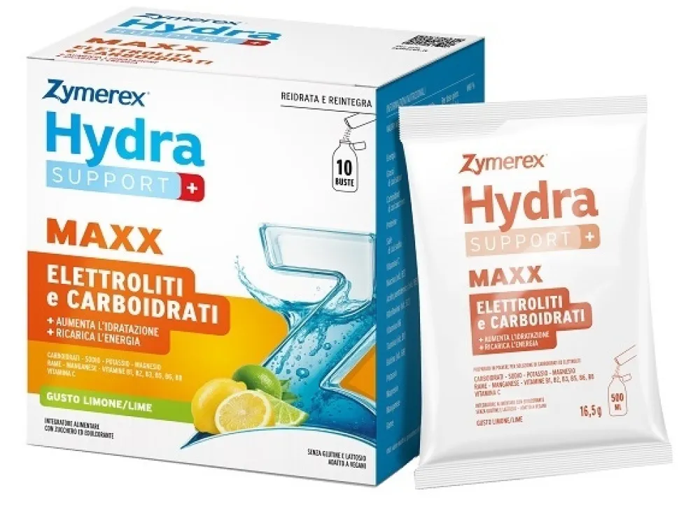 Zymerex Hydra Support+ Maxx Integratore alimentare per l'idratazione e l'energia gusto limone, 10 bustine